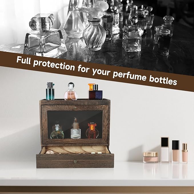 Wooden Cologne Organiser with Acrylic Display & Drawer,Vanity Storage Rack for Perfumes,Jewellery & Cosmetics,Cologne Display Stand for Men & Women,Bedroom and Bathroom Vanity Storage Amber