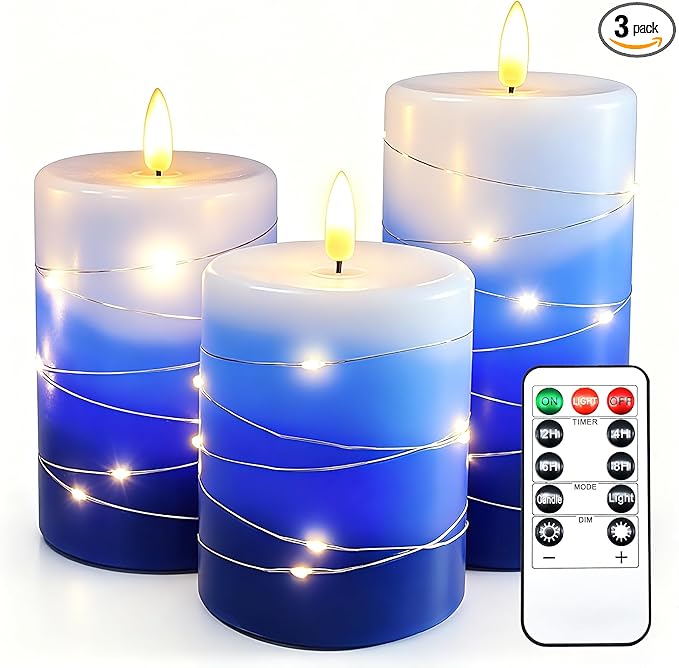Flameless Candles with String Lights, Battery Operated Candles with Remote Control and Timer,Flickering LED Pillar Candles for Home Decoration,Real Wax, Gradient Blue (3-Pack)