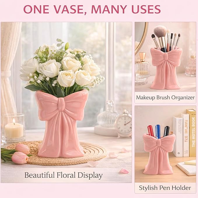 Pink Ceramic Bow Vases for Flowers, 6.1 Inch Flower Vases, Cute Makeup Brushes Organizer, Decorative Pen Holder for Office Home Dining Room Table Decor Bedroom Women Gifts (Pink)