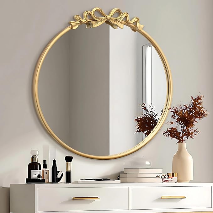 Besdomus Vintage Gold Mirror: 27" Bow Round Wall Mounted Mirror - Baroque Traditional Ornate for Entryway/Fireplace/Bathroom/Hallway - Home Decor for Fashion-Conscious