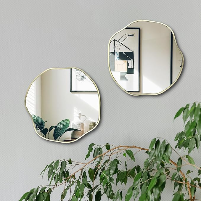 POZINO Irregular Shaped Mirror, 16" Asymmetrical Mirror, Gold Scalloped Rounded Mirrors, Modern Frameless Abstract Mirrors for Living Room Bedroom Bathroom Entryway Fireplace Hallway