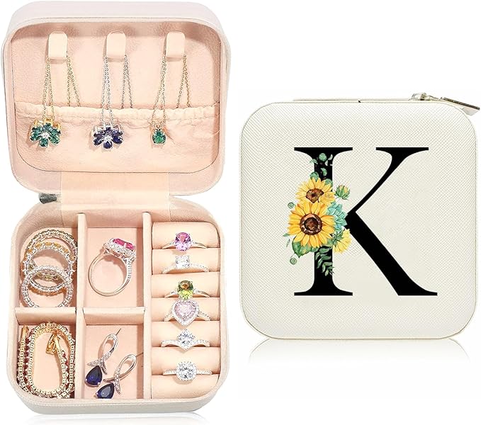 Sunflower Jewelry Case,Sunflower Gifts for Women,Initial K Travel Jewelry Box,Valentine's Day Gift Easter Personalized Gifts for Teen,Mom,Wife,Bridesmaids,21st Birthday Gift for Her