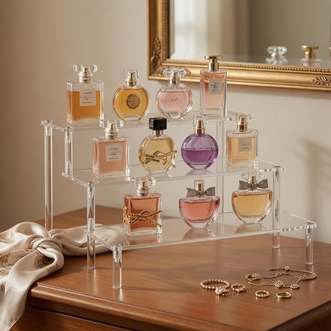 WEERSHUN 3 Tier Acrylic Display Stand Risers, Clear Tabletop Display Shelf for Perfume, Figures & Collectibles, Thick Acrylic Organizer for Cupcake, Cosmetics & Home Decoration