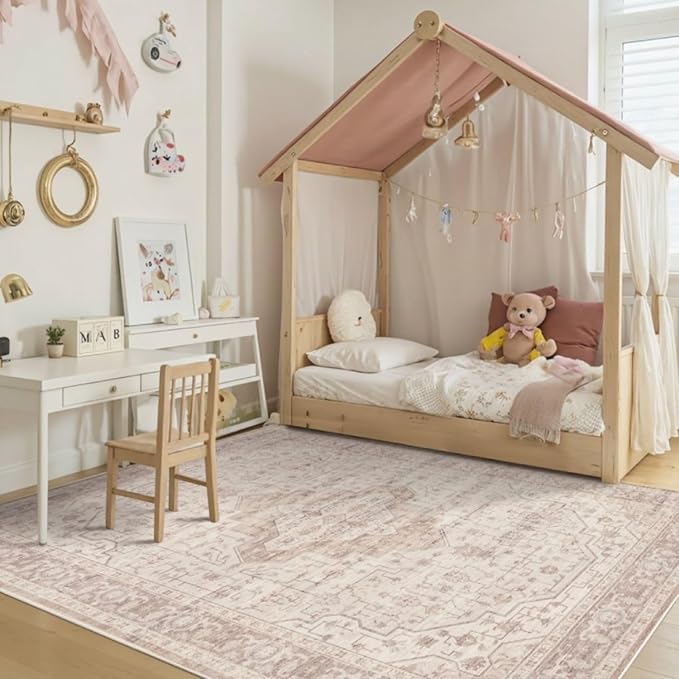 Rugxara Washable Area Rug for Living Room & Bedroom, Soft Pink Rugs for Girls Women, Non Slip, Durable Low Pile Carpet, Vintage Carpets for Office, Dining Room, Kids Room and Farmhouse(4x6ft)