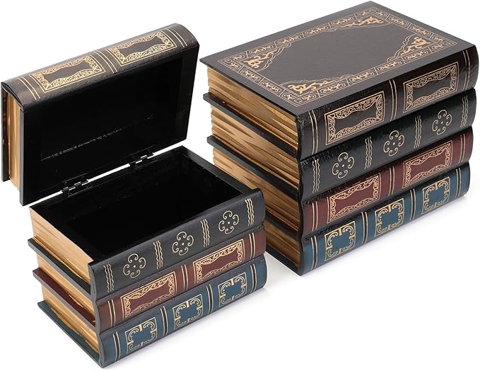 Tosnail 2 Pack Decorative Book Boxes Wooden Antique Book Decorations Vintage Storage Box