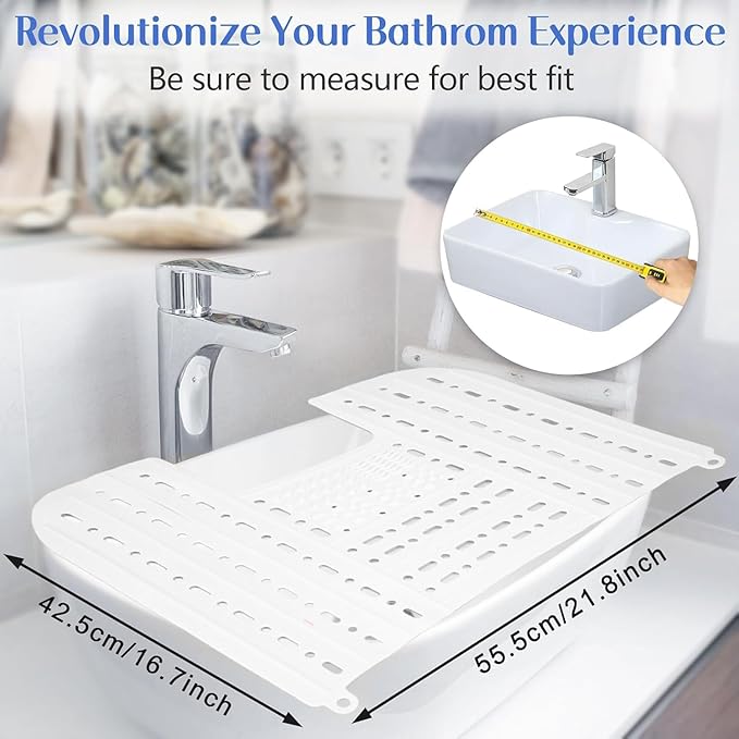 Bathroom Sink Cover for Counter Space, Heat-Resistant Silicone Sink Cover for Makeup Foldable Makeup Mat with Hanging Loop, Space Saver Sink Organizer Mat for Bathroom, 22 * 17" White