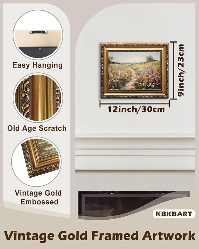 KBKBART Gold Framed Vintage Wall Art, Vintage Spring Decor, Wildflower Countryside Canvas Oil Painting, Rustic Antique Landscape Bathroom Decor for Bedroom, Living Room, Gifts (9"x12")