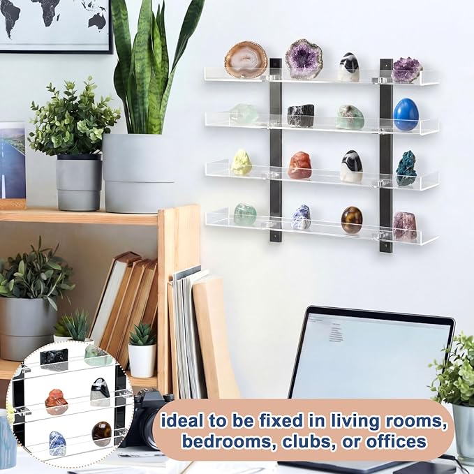 Novabright 4 Layer Rock Display Shelves Clear Acrylic Floating Shelves Wall Organizer for Stone Collection 15" Rock Display Stand for Stone Minerals Gemstones Crafts Figure Perfume for Living Room