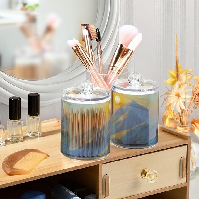 2 Pack Apothecary Jars Cartoon Mountains and Sun Bathroom Vanity Storage Organizer Set,Small Clear Plastic Storage Jars Bathroom Canister for Cotton Swabs, Rounds, Balls, Qtips,Makeup Sponges,