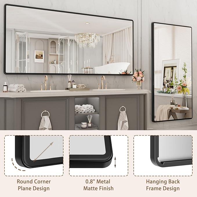 pertetey New Upgrade Bathroom Mirror, 77X36 Inch Black Metal Frame Wall Mounted Rounded Rectangle Bathroom Vanity Mirror with Tempered Glass for Washroom Bedroom Living Room