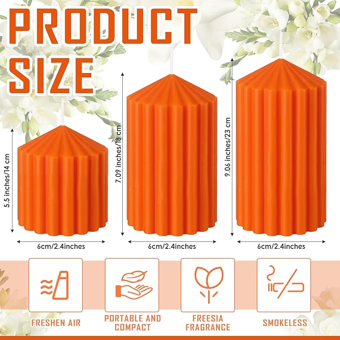 Conelist Set of 3 Orange Ribbed Pillar Candles Soy Wax Scented Ribbed Candles Includes 2.8, 4.2 and 5.1 Inches Heights Decorative Romantic Wedding Decoration for Couple Home Birthday Gift