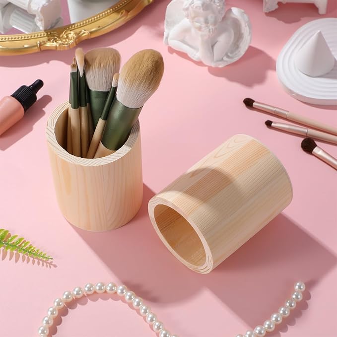 COHEALI 2 Pack Unfinished Wooden Round Pencil Holders Solid Color Diy Pen Organizer Containers for Office Desk Makeup Brush Storage 3.93X3.14 Inch Home Classroom Use