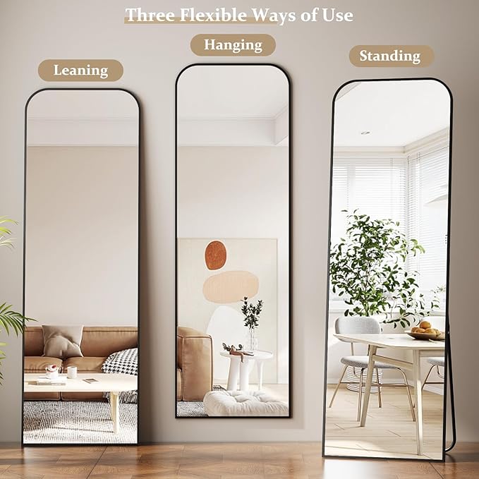 Full Length Mirror 56"x21" Arched Floor Standing Large Mirrors Full Body Mirror with Stand - with Aluminum Frame for Bedroom Living Room, Black