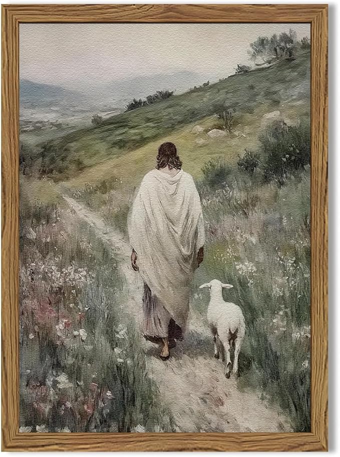 Jesus and Lamb Wall Art 3D Textured Hand Drawn Sandstone Lost Lamb Wall Decor, Jesus Leaves the 99 Sheep Christian Paintings Artwork for Living Prayer Room Bedroom 12x16 inch Wood Framed