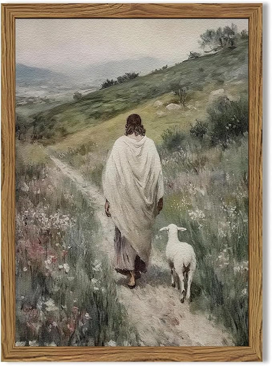 Jesus and Lamb Wall Art 3D Textured Hand Drawn Sandstone Lost Lamb Wall Decor, Jesus Leaves the 99 Sheep Christian Paintings Artwork for Living Prayer Room Bedroom 12x16 inch Wood Framed