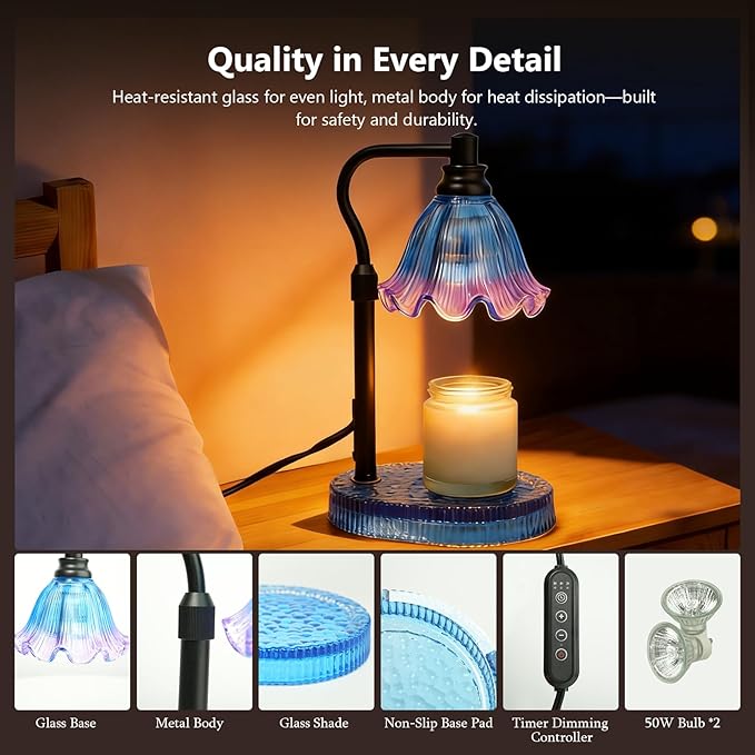 Candle Warmer Lamp with Timer Dimmable, Adjustable Candle Warmer Lamp for Jar Candles 3-Wick, Flameless Smokeless Candle Heater with 2 Bulbs, Home Decor Birthday Mothers Day for Women Mom