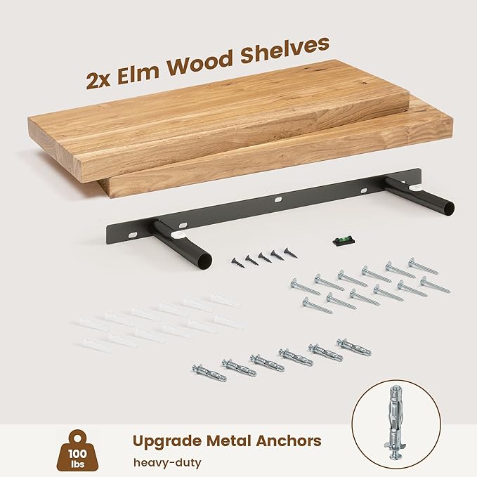 Venusmiles Elm Floating Shelves for Wall Decor, Rustic Solid Wood Shevles Wall Mounted with Invisible Bracket for Living Room Bathroom Bedroom Kitchen, 24 Inch Set of 2, Natural