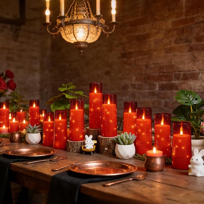 Nimiko Flickering Flameless LED Candles,Battery Operated Candles 24 Pcs with Embedded Star String,Acrylic LED Pillar Candles with Remote,Suitable for Home Decoration to Create an Atmosphere (Red)