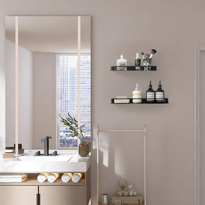 RFOUO Metal Wall Shelf, Metal Floating Shelf, Black Floating Shelf, Small Shelf for Wall, Display Shelves for Bathroom Bedroom Kitchen (Black, 20Inch)