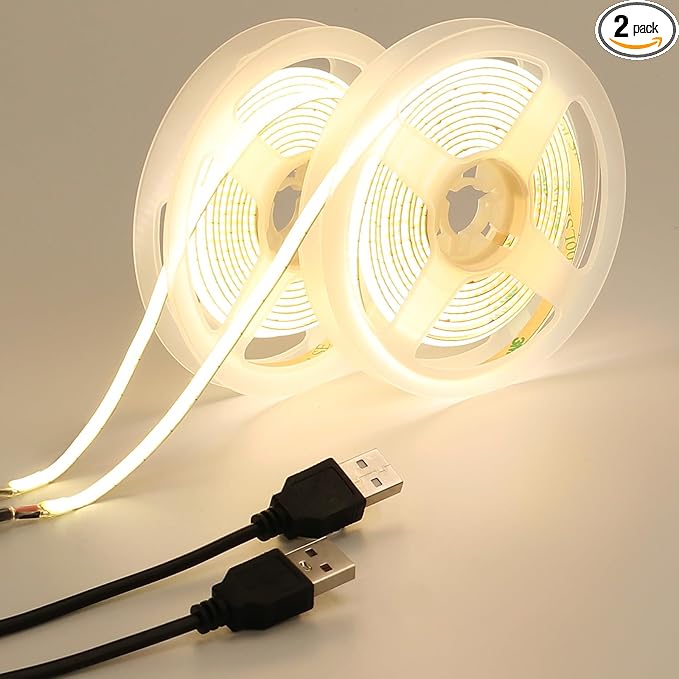 GOMING 5V COB USB LED Strip Light Natural White 4000K 5mm Width USB Powered 13.12ft/4M 400LEDs/M Flexible High Brightness IP20 Not Waterproof LED Tape Lights for DIY Decoration Lighting(2pcs x 6.6ft)