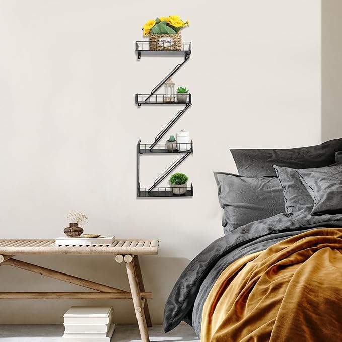 Zonon Fire Escape Wall Shelf Hanging Metal Ladder Shelves Wall Decor Cool Bookshelf Organizer Floating Shelves Action Figure Shelf for Home Bedroom Storage Display(Black,4 Tier)