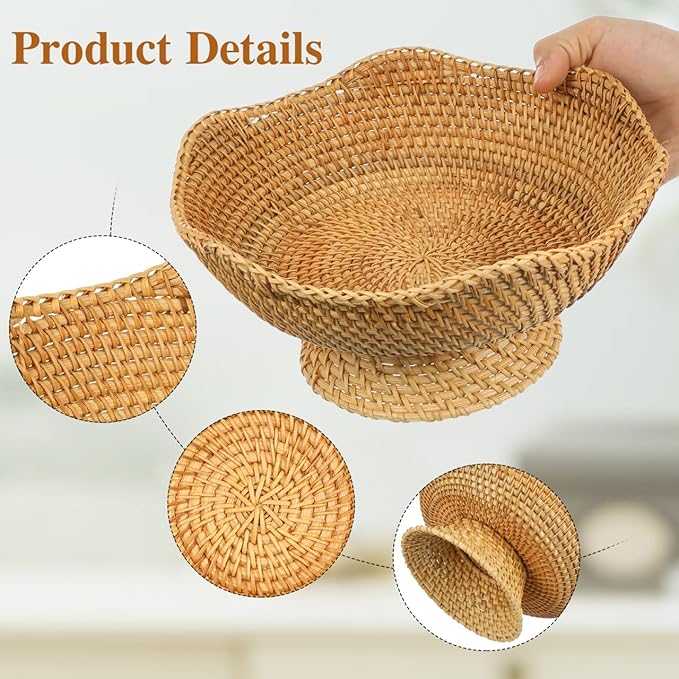 Alipis Small Round Woven Rattan Basket 9.84In Key Bowl and Fruit Tray Tabletop Organizer for Home Kitchen Entryway Storage