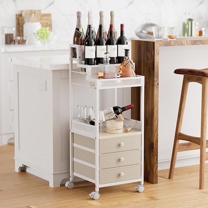Makeup Organizer Storage Cart with Drawers, 13 Inch Large Rolling Skincare Organizer Cart, 3-Tier Vanity Organizer Stand for Cosmetics, Nail Polish, Perfume, Bathroom and Bedroom, White