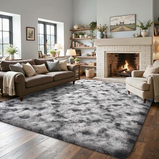 5x7 Ft Large Shag Rug for Living Room Bedroom,Tie-Dyed Ultra Soft Fluffy Furry Area Rug Kids Nursery Office, Aesthetic Carpet for Indoor Floor Home Decor (Black White)