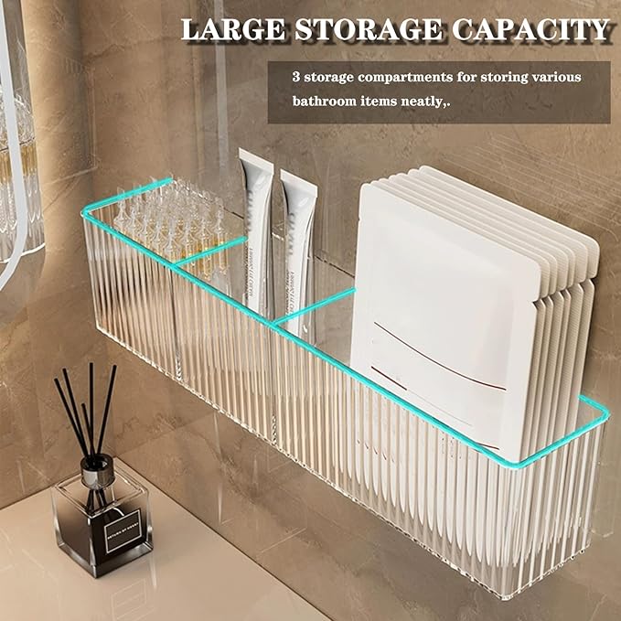 2 Pack Bathroom Wall Makeup Organizer Clear Bathroom Organizers and Storage with 3 Compartments Plastic Storage Organizer Bins Floating Shelves for Wall, Narrow Space, Office, Bedroom 14''Length