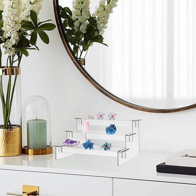 FRCOLOR Acrylic Display Shelf 2pcs Set, 3-tier 29cm Stepped Organizer for Figurines, Jewelry, and Makeup, Acrylic Risers for Desktop Showcase and Storage