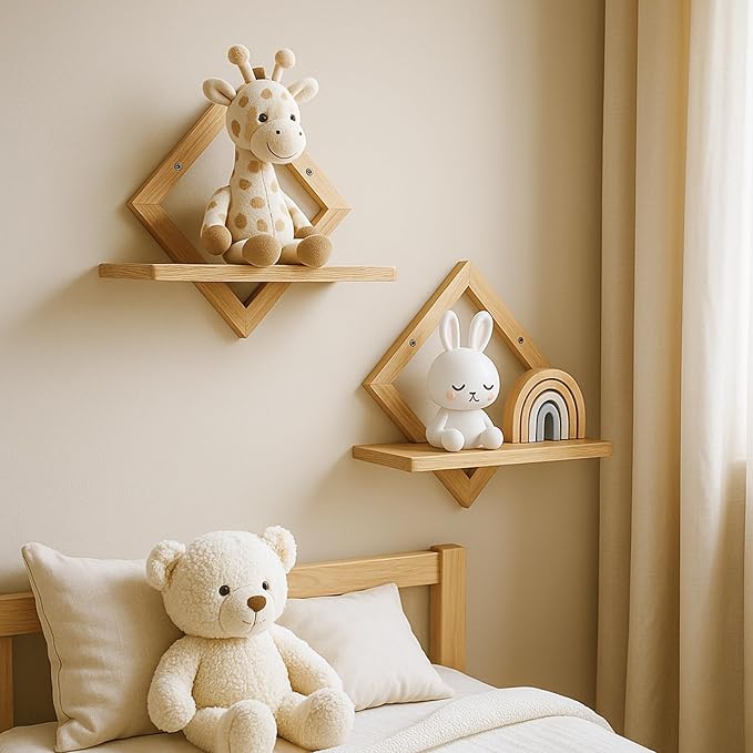 Floating Shelves for Wall,Decorative Wall Shelf,Hanging Shelf for Plants Storage Display Holder,Indoor Decor for Living Room Home Office Bathroom Bedroom,Solid Wood,Diamond Shaped,2 Pack(Wooden Brown)