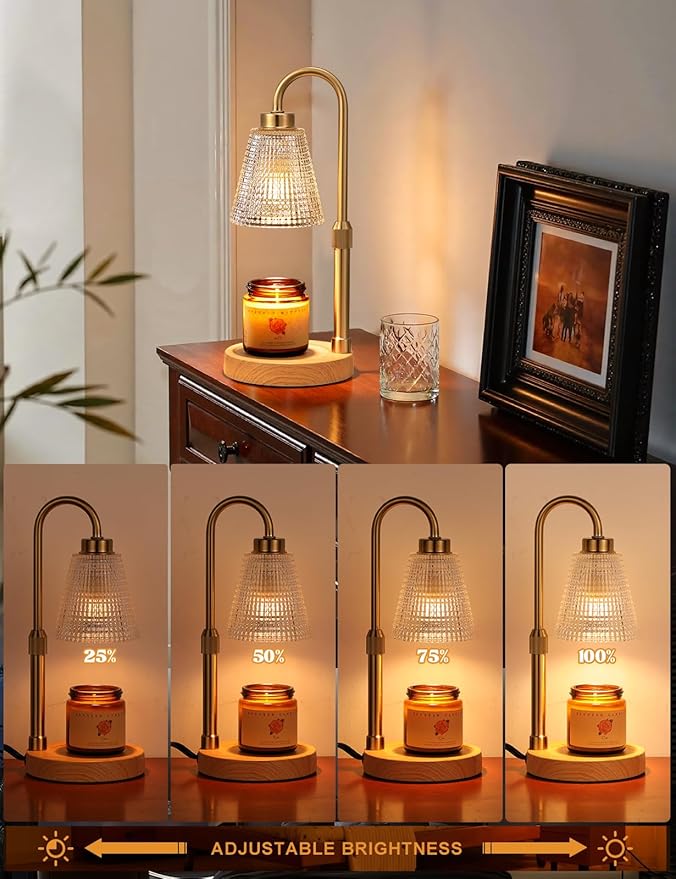 Wood Color& Clear Candle Warmer Lamp with Timer, Dimmable Candle Warmer for Jar Candles, Height Adjustable Wax Melts Warmer, Birthday Gifts for Women Mom, House Warming Gifts New Home Decor
