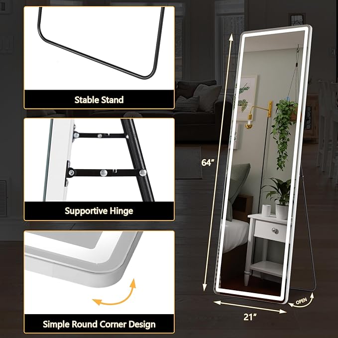 Sweetcrispy Full Length Mirror with LED Lights, 61"x17" Lighted Floor Mirror with Dimming & 3 Color Lighting, Stand for Bedroom, Dressing Room