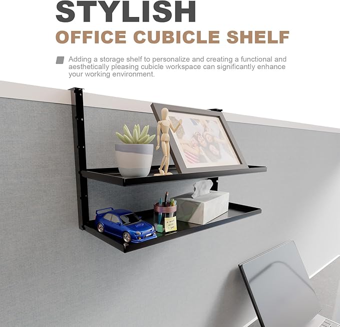 Office Cubicle Shelf - 14.2'' x 5.9'' Dual-Tier Storage Organizer Floating Corner Rack Hanging Shelf Height Adjustable Home Office Essentials for Planter Statue Decor Photo Frame