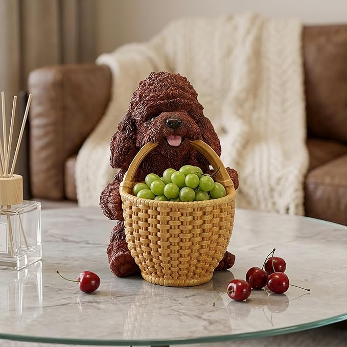 Dog Resin Storage Basket, Desktop Organizer for Remote & Keys, Cute Home Decor Tray, Ideal present for Pet Lovers.(Brown Poodle Biting Basket)