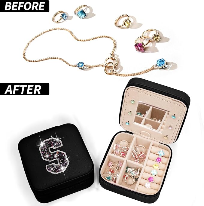 Uygafly Travel Jewelry Case - Personalized Jewelry Box for Women,Small Jewelry Organizer Cute Jewelry Organizers and Storage Aesthetic,Travel Essentials Birthday Gifts for Girls Women | Black,S