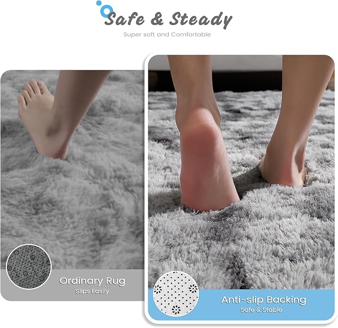 Modern Soft Fluffy Small Shaggy Rug for Bedroom Livingroom Dorm Kids Room Indoor Home Decorative, Non-Slip Plush Furry Fur Area Rugs Comfy Nursery Floor Carpet 7X10 Feet,Tie-Dyed Light Grey
