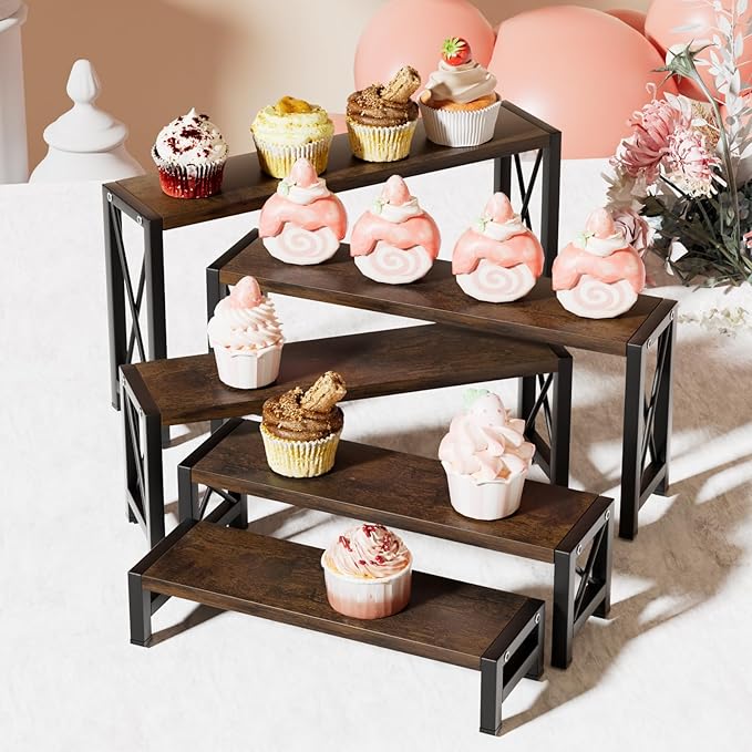 Stackable Wooden Cologne Organizer for Men, 5-Tier Tray Risers Display Makeup Perfume Organizer for Women, Wood Cupcake Stand, Buffet Shelf, Dessert Food Risers, Figure Collectible Stand