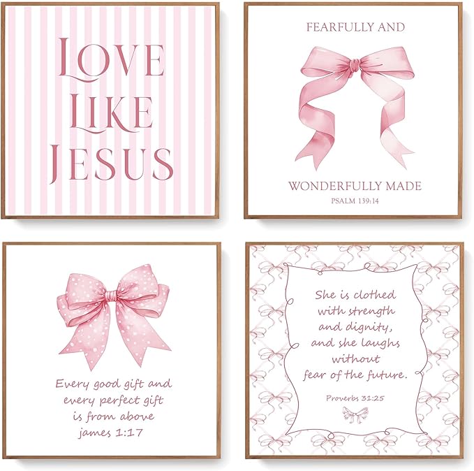 LARTSFRO Coquette Pink Bow Jesus Wall Art Decor Posters, Light Pink Bow Christian Room Bedroom Bathroom Dorm Wall Art Decor Aesthetic for Teen Girls College Gifts, Inspirational Bible Verses Bow Wall Decor, 10x10 Inch Set of 4 Bow Pictures (UNFRAMED)