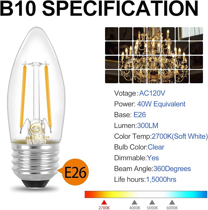 Energetic B10 B11 LED Filament Bulb E26 Candelabra Medium Base 2700K Soft White, 4W, Equivalent 40W, 300 Lumens Dimmable Decorative Candle Light Bulb for Ceiling Fan, Pack of 6