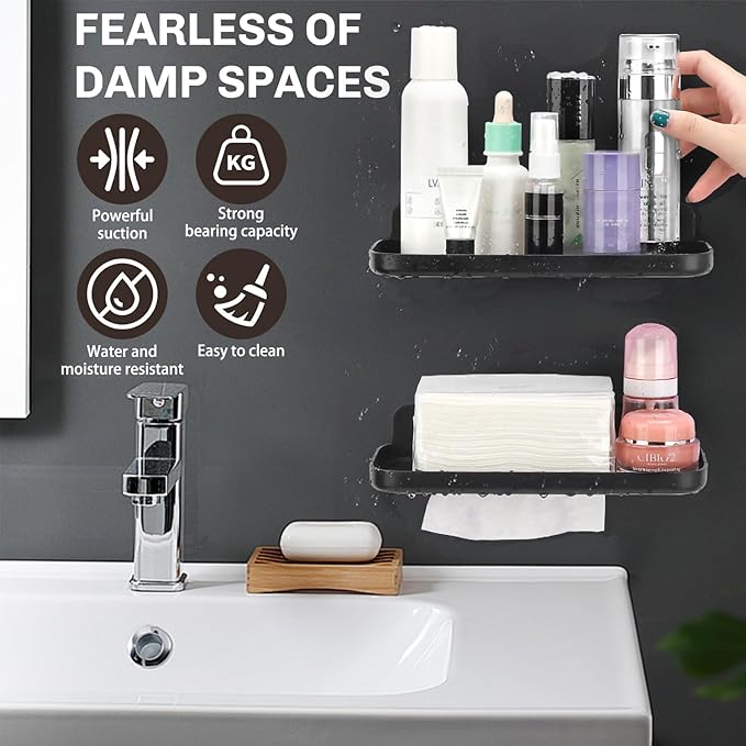 4 Pack Floating Shelves for Wall, Self Adhesive Small Shelf, No Drill Adhesive Wall Shelf, Floating Shelves Damage-Free Expand Walls Space for Living Room Kitchen Bathroom (Black)