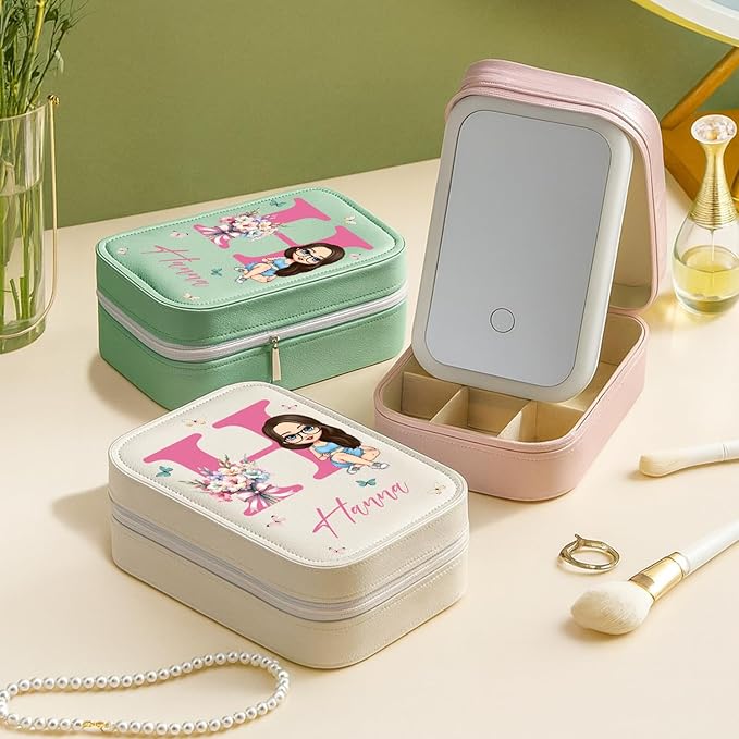 WANDERPRINT Personalized Floral Makeup Box with LED Mirror – Custom Name Birth Month Flower Jewelry Organizer, Travel Cosmetic Case Gift for Women & Girls on Christmas Birthday (Color 4)