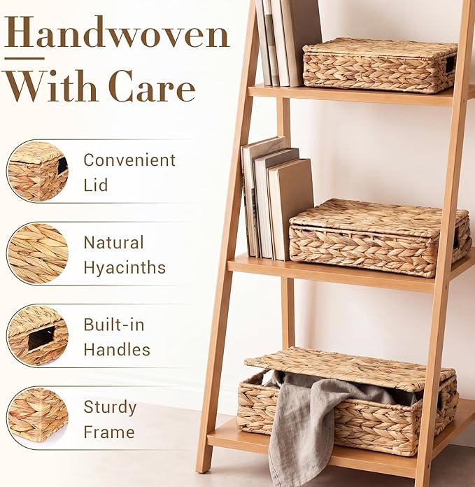 3 Pcs Wicker Storage Baskets with Lids 16" 14" 12" Water Hyacinth Pantry Baskets Woven Organizers Decorative Storage Boxes for Organizing Shelves, Bedroom, Living Room(Natural)