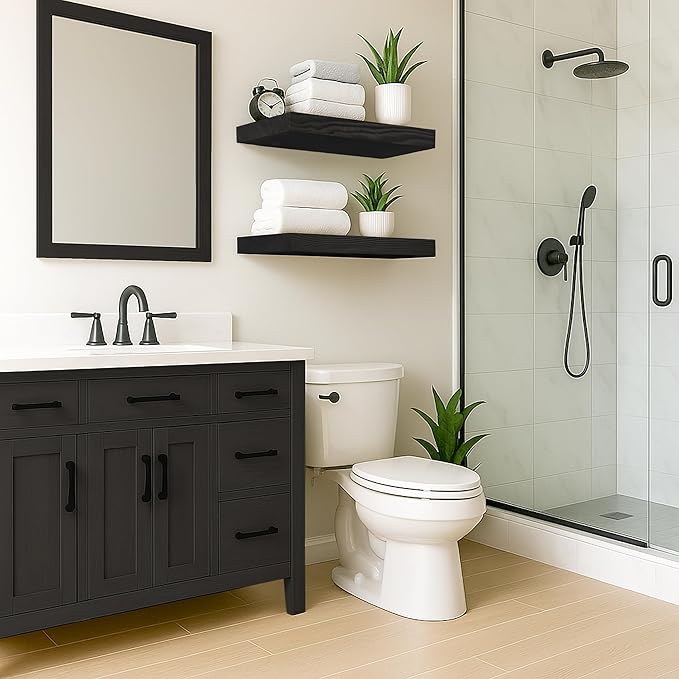 24 Inch Floating Shelves,8-in Deep High-End Solid Wood Floating Shelves for Wall Set of 2,Black Floating Shelves for Bathroom Bedroom Kitchen, with Sturdy Hidden Bracket, Black