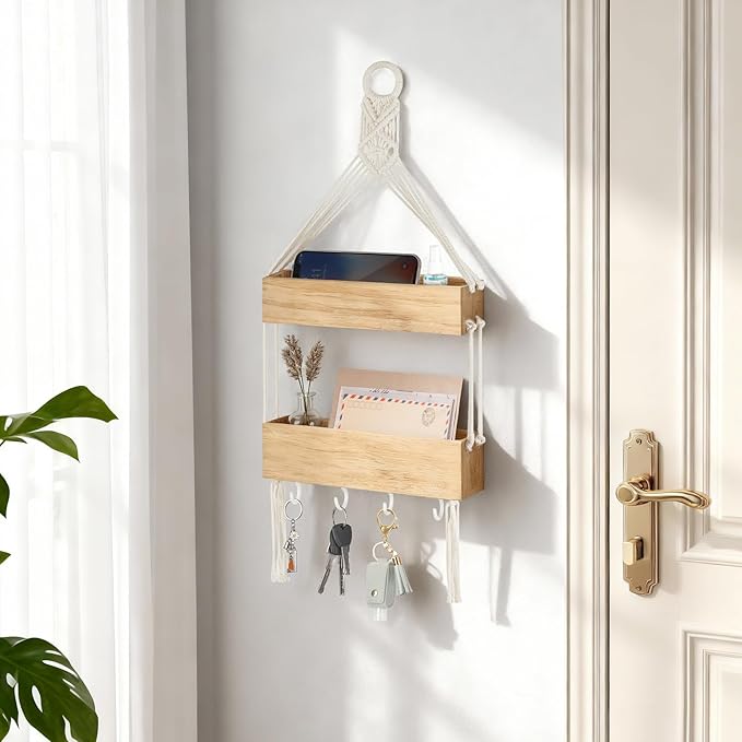Mkono Macrame Hanging Shelf for Bedside Shelf Organizer with Hooks, Boho Wall Decor Cute Wood Floating Shelves for Girls Bedroom Dorm Nursery, Wall Storage for Phone, Remote, Accessories (Small)