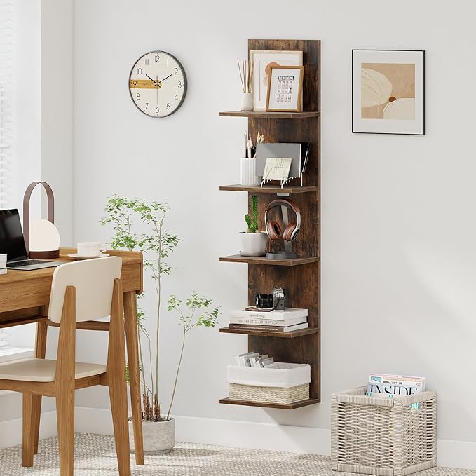 Giantex 5 Tier Wall Shelf Unit, Narrow Vertical Floating Shelves for Home Decoration and Storage Organizer, Lack Wall Shelf, Wall Mounted Display Shelves for Bedroom, Living Room, Rustic Brown