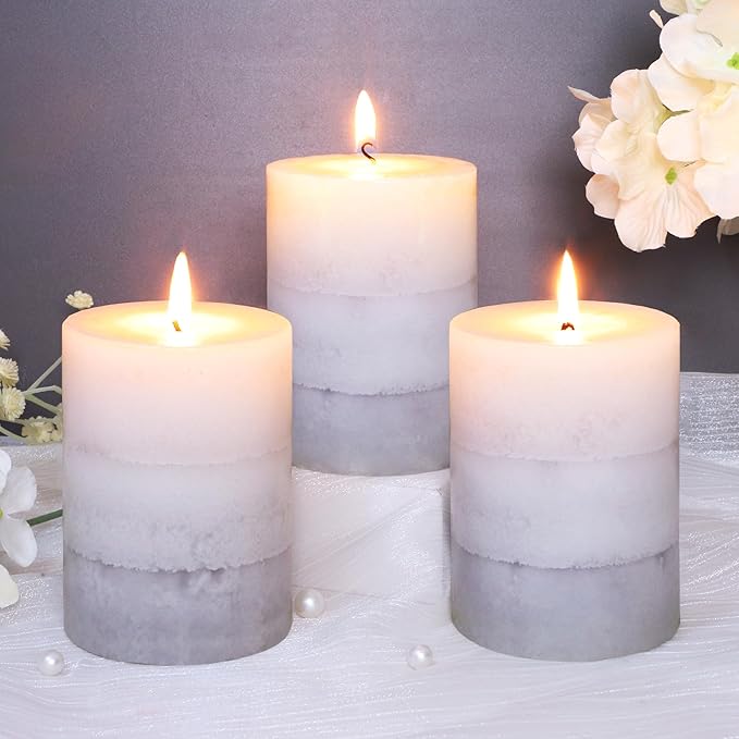 Set of 3 Scented Pillar Candles Creamy Coconut Scented 3" x 4" Long-Lasting Burn Candle White Gray Palette Pillar Candle Clean Burning No Drip Candles Gift for Home Party Dinner Table Decor