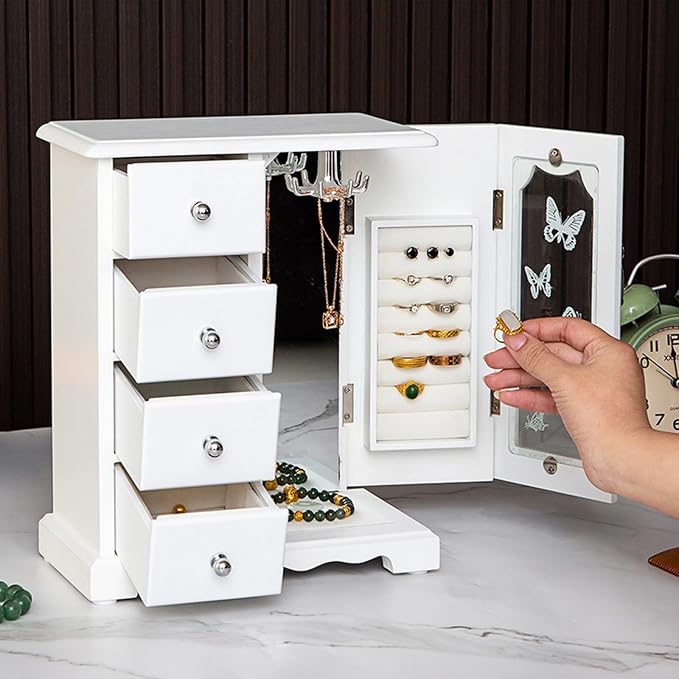 Wooden Jewelry Box, Solid Jewelry Organizer Makeup and Organizer Women Ring Storage with 4 Drawers, Wood Jewelry Case with Mirror for Necklaces Earring Rings, White