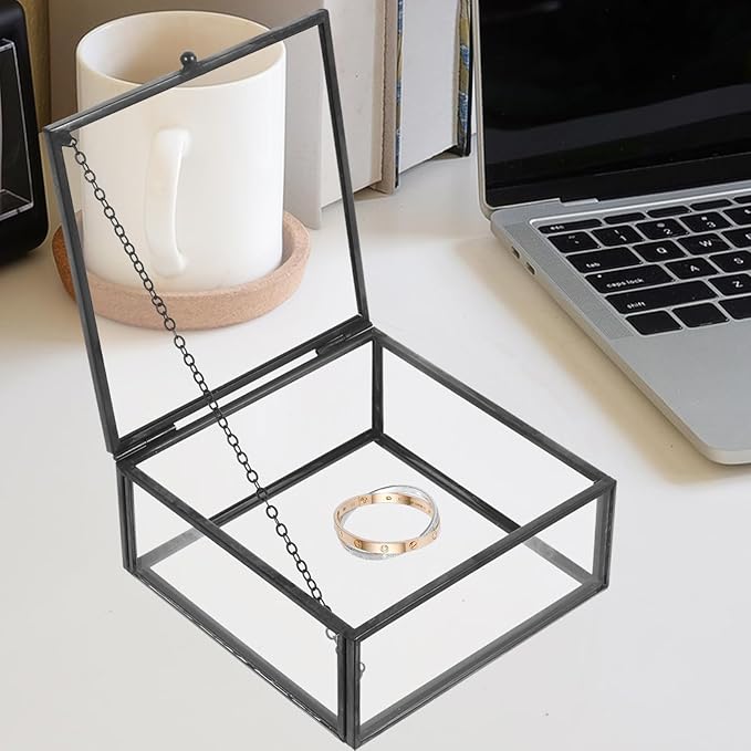 SHINEOFI Jewelry Storage Box with Glass Container and Black Alloy Frame, Perfume and Cosmetic Organizer Case with Lid, Dustproof Desktop Jewelry Holder for Home Use