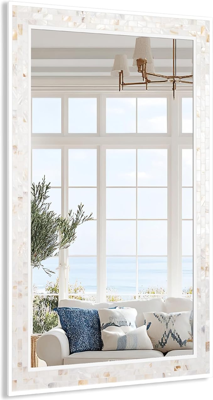 Tanmicoshomy 24 x 47 Inch White Rectangle Wall Mirror, Natual Shell Framed Rectangle Bathroom Mirrors with Tempered Glass for Bedroom Living Room or Entryway, Horizontal or Vertical Hanging